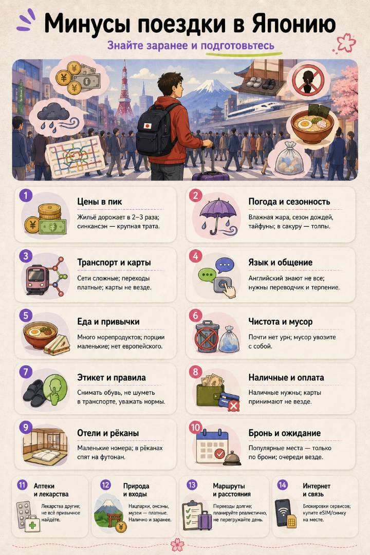 Инфографика «Минусы поездки в Японию: знайте заранее и подготовьтесь» наглядно раскрывает неочевидные сложности путешествия — от высоких цен и языкового барьера до особенностей этикета и транспортной системы — на фоне узнаваемых японских пейзажей и городской суеты.