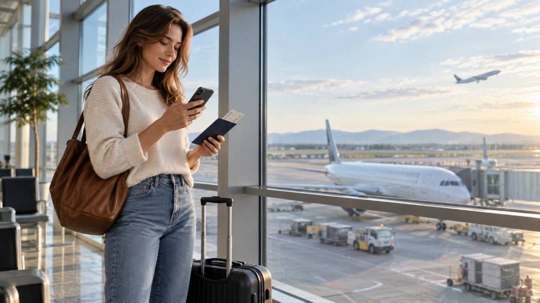 Mujer con maleta y pasaporte mirando su móvil en una terminal de aeropuerto con aviones en la pista al fondo.