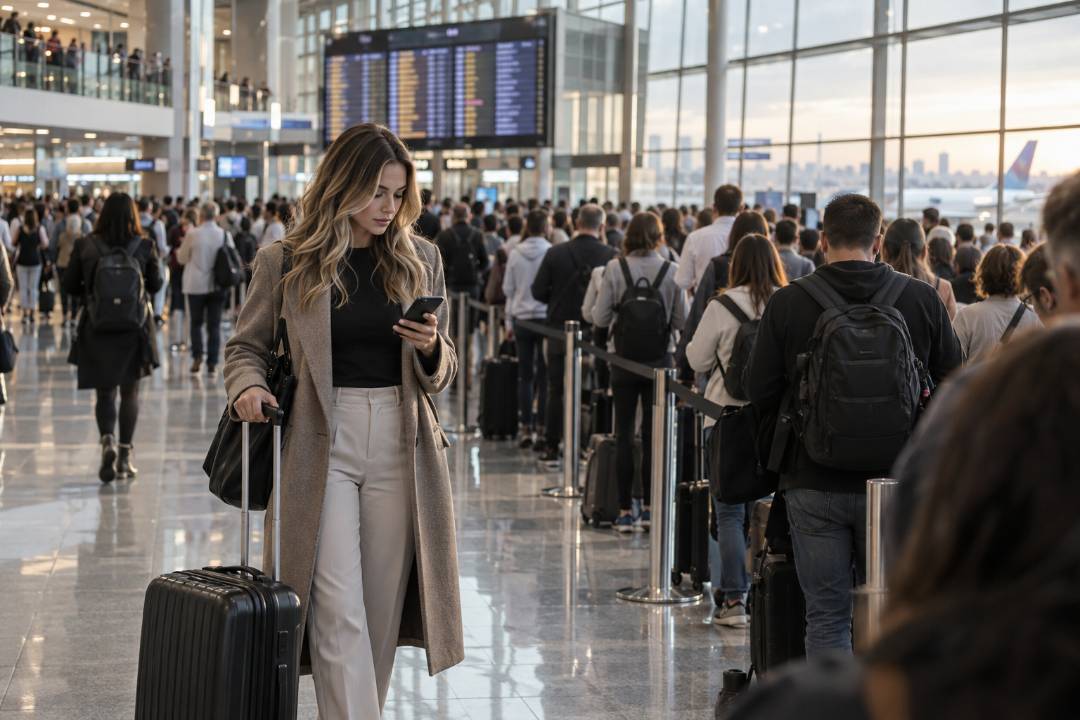 A woman in a beige coat walks through a crowded airport terminal while looking at her phone and pulling a suitcase.