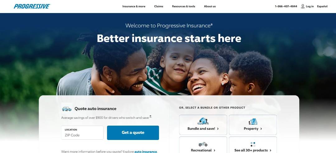 A website homepage for an insurance provider showing a family in the background and a quote request form.