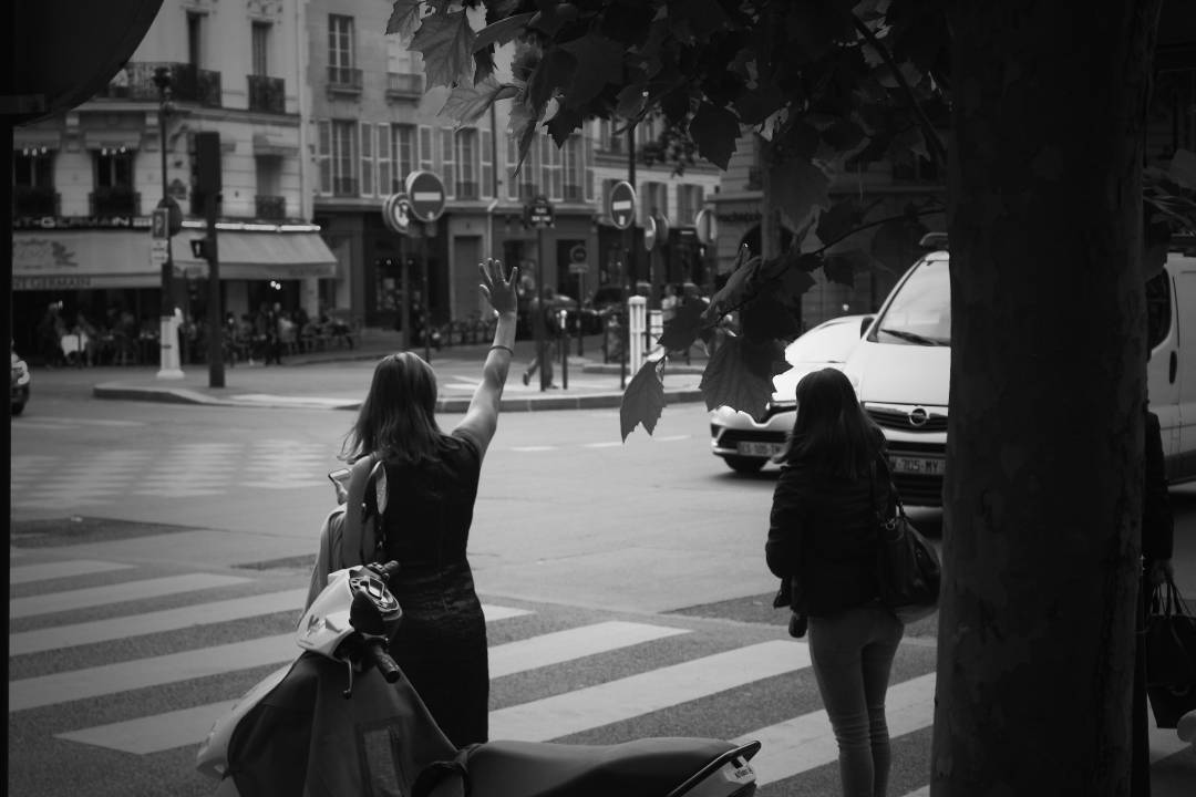 A woman in a black dress stands on a Parisian crosswalk, raising her hand to hail a taxi, while another woman walks nearby and a tree trunk frames the right side of the scene.
